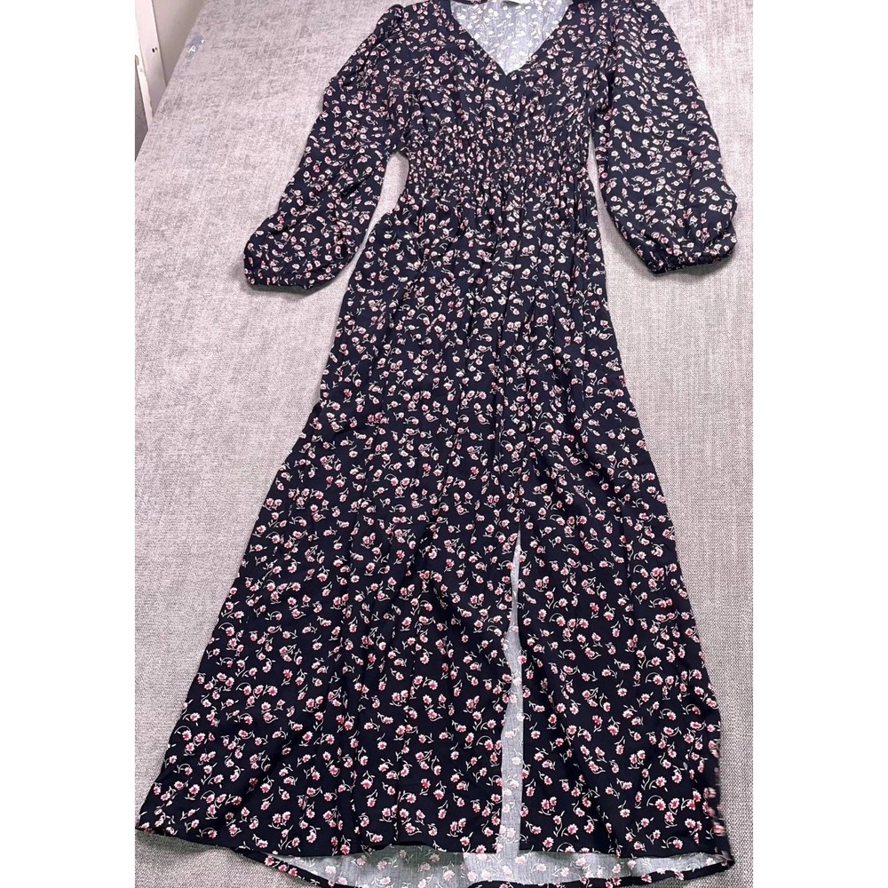 Gap Smocked V Neck Maxi Dress Women Medium Multi Floral Side Slit Balloon Sleeve